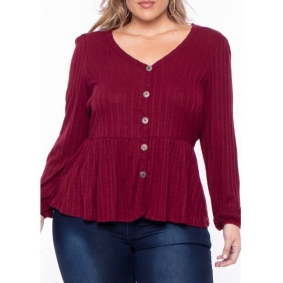 CURVY SENSE NWT Ribbed Long Sleeve Peplum Blouse Top Red Size 1X Button Detail - Picture 1 of 8
